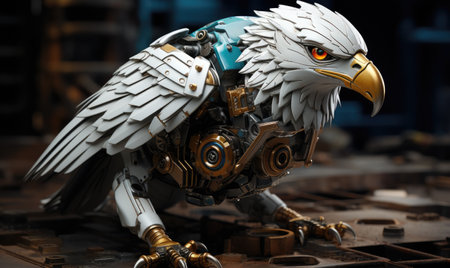With a graceful swoop, the eagle robot dove down, its robotic beak ready to strike. designeの素材