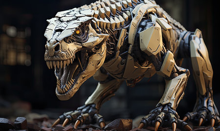 With its metallic jaws and powerful limbs, the tyrannosaur robot exudes an air of dominance. designeの素材