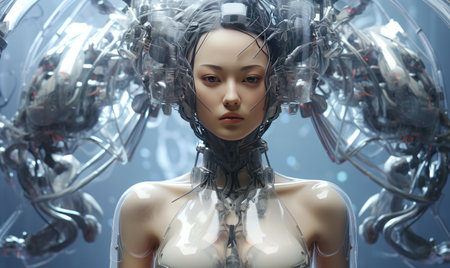 The young Asian female robot exhibits remarkable intelligence and human-like qualities. designeの素材