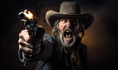 In the portrait, the cowboy is frozen in action, his revolver blazing.   designeの素材
