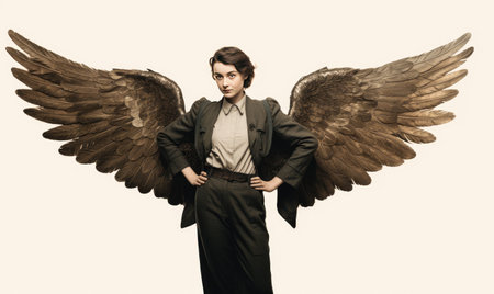The stunning portrait captures a woman with ethereal wings, radiating grace.   designeの素材