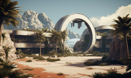 The futuristic city rises like a mirage in the desert oasis.   designeの素材