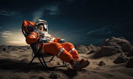 The astronaut finds solace on Mars, lounging in a beach chair.   designeの素材