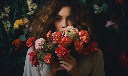 The portrait of a beautiful woman adorned with vibrant flowers is a captivating sight.   designeの素材
