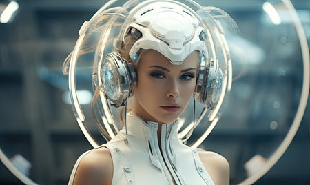 With her glowing eyes and ethereal aura, the portrait captures the essence of the futuristic fantasy woman.   designeの素材