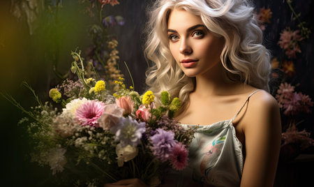 The ethereal white-haired woman adorned with flowers is a fairy princess in the forest.   designeの素材