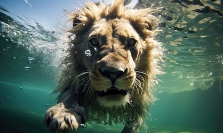 Immerse yourself in the thrilling world of wildlife photography with a stunning image of a lion's underwater leap.の素材