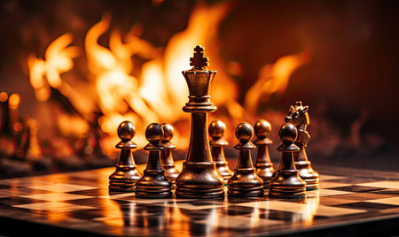 The chessboard was engulfed in flames, reflecting the fierce competition of the fiery piecesの素材