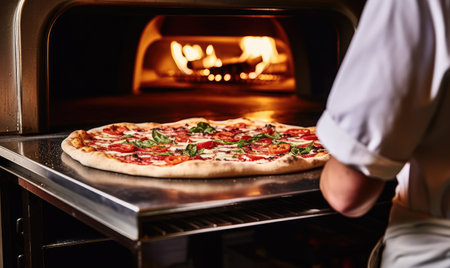 The man's face lights up with excitement as he pulls the fragrant pizza out of the ovenの素材