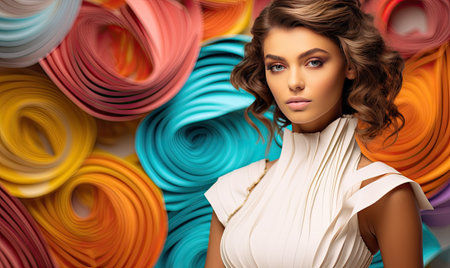 A woman standing in front of a colorful wallの素材