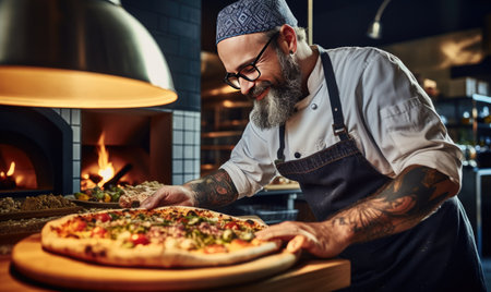 The man's eyes light up as he sees the bubbling cheese on the pizza he's just taken out of the ovenの素材