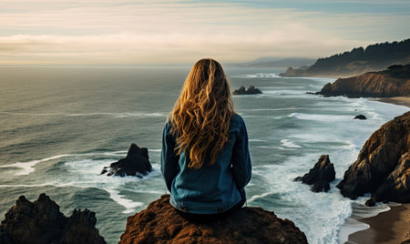A woman sitting on top of a cliff overlooking the oceanの素材