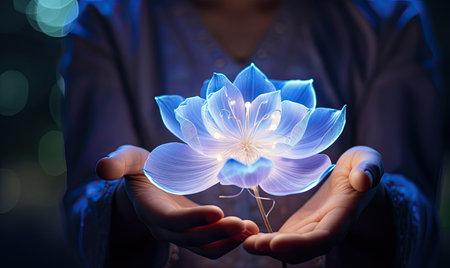 A person holding a lit up flower in their handsの素材
