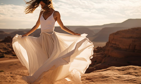 A woman in a white dress is walking on the beachの素材