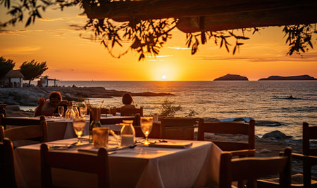 A sunset view of a restaurant with a table set for twoの素材