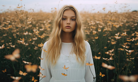 A woman standing in a field of flowersの素材