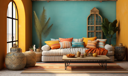 A living room with orange walls and a blue couchの素材
