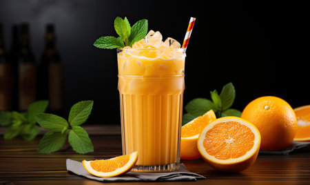 A tall glass of orange juice with a mint garnishの素材