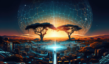 Photo of a futuristic cityscape with flying cars and skyscrapersの素材