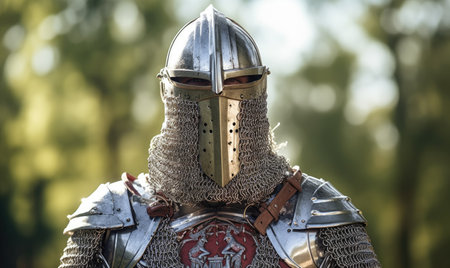 With a determined stride, the man in chain mail and a silver helmet pressed forwardの素材