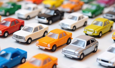 The table became a miniature car dealership, showcasing a wide selection of toy cars for young collectorsの素材