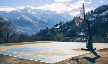 The quietness of the mountains amplifies the emptiness of the basketball courtの素材