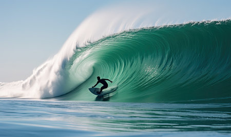 A man riding a wave on top of a surfboardの素材