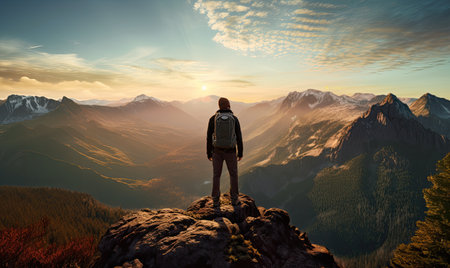 A man standing on top of a mountain with a backpackの素材