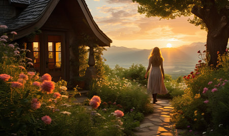 A woman in a white dress walking towards a houseの素材