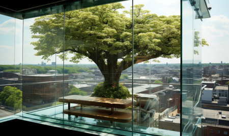 A tree in a glass box with a view of a cityの素材