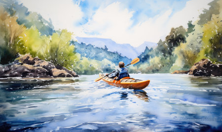 A painting of a person in a kayak on a riverの素材
