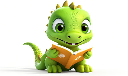A green dragon sitting on the ground reading a bookの素材