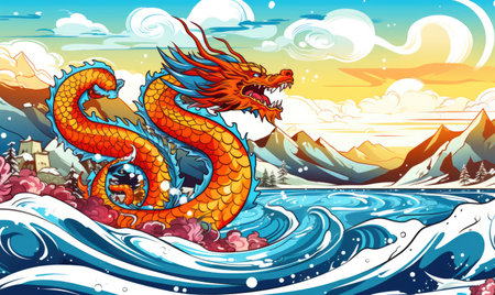 A dragon is sitting on a rock near a lakeの素材