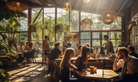 A group of people sitting at a table in a restaurantの素材
