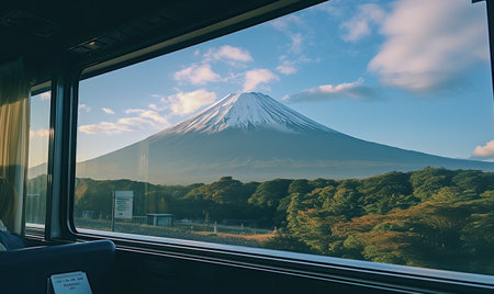 A view of a mountain from a train windowの素材