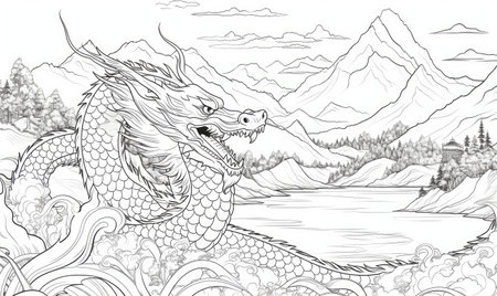 A drawing of a dragon flying over a lakeの素材