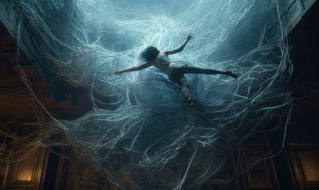 The abstract illustration showcases a woman trapped amidst a network of wires. designeの素材