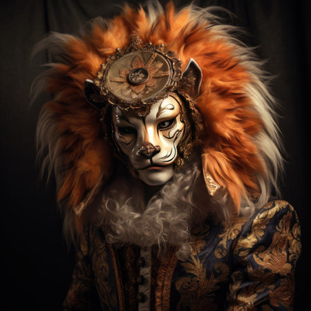 The lion mask in the portrait symbolizes the trickster's cunning and boldness, representing his ability to manipulate and deceive.   designeの素材
