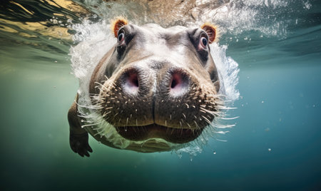 Dive into the depths and encounter a mesmerizing scene of a hippopotamus in its underwater habitat. designe designeの素材