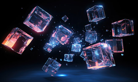 A mesmerizing image showcasing an array of cubic shapes glowing with vibrant neon lights, creating an immersive and futuristic atmosphere.の素材