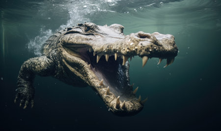 With a powerful jump, the crocodile plunged into the water, its movement frozen in time by the underwater photographer's lens. designe designeの素材