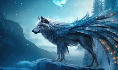 Enchanting sight: a blue feathered wolf soaring on graceful wings. designeの素材