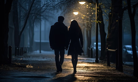 The couple enjoying a romantic walk through the dimly lit streets. designeの素材
