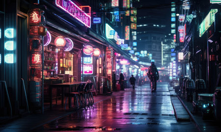A person walking down a street at nightの素材
