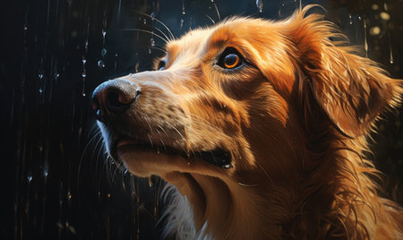 A close up of a dog's face in the rain created with Generative AI technologyの素材