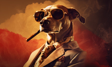 A dog wearing sunglasses and a suit smoking a pipeの素材