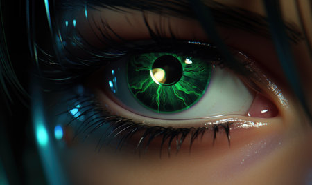 A close up of a person's green eyeの素材