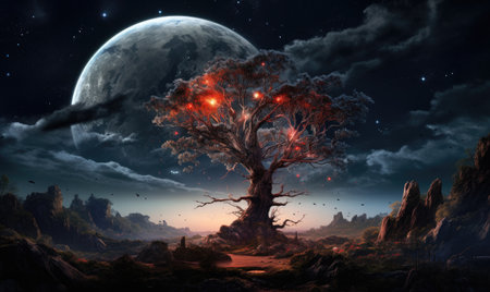 A tree in the middle of a field with a moon in the backgroundの素材