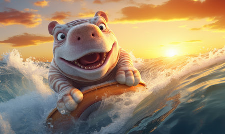 A cartoon hippo running through the waterの素材