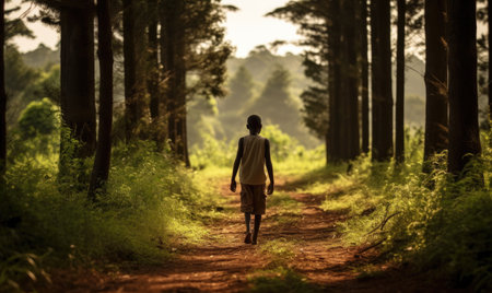 A person walking down a dirt road in the woodsの素材